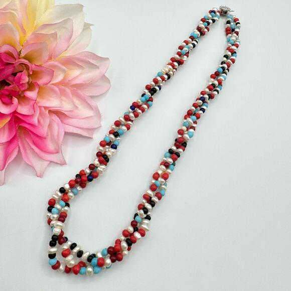 Artisan Pearl Glass Bead Triple Strand Twisted Necklace Box Clasp Red White Blue - Picture 2 of 9